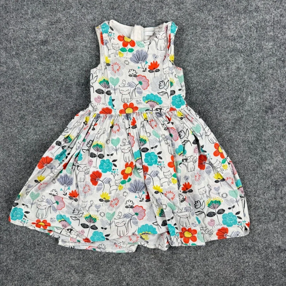 M&S Kids Dress Girls Size 5-6 yrs White Floral Cat Print Cotton Sleeveless